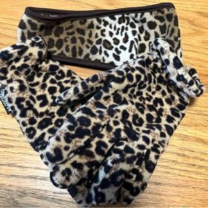 LIKE NEW CHEETAH PATTERN WINTER HEAD WRAP AND GLOVES.